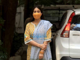 Photos: Sara Ali Khan snapped in a yellow and grey suit at a dubbing studio in Juhu