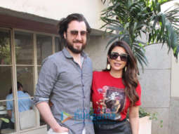 Photos: Shama Sikander spotted in the city looking chic in black leather pants and a red T-shirt as she posed with her fiance James Milliron