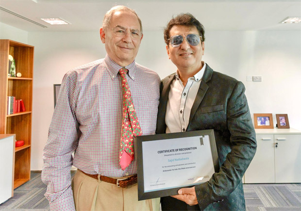 Sajid Nadiadwala receives certificate of recognition as Ambassador for Indo-Abu Dhabi entertainment!