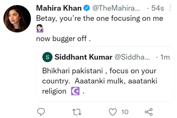 Mahira Khan hits back at a troll who called her ‘bhikari Pakistani’