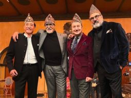 Amitabh Bachchan strikes a pose with Uunchai stars Anupam Kher, Boman Irani and Danny Dengzonpa 