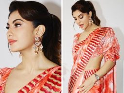 Jacqueline Fernandez looks elegant during Bachchhan Paandey promotions in breathtaking orange printed contemporary saree and backless blouse