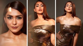 Mrunal Thakur exudes glamorous eminence in one-shoulder thigh-high slit gold metallic gown and fierce eyes