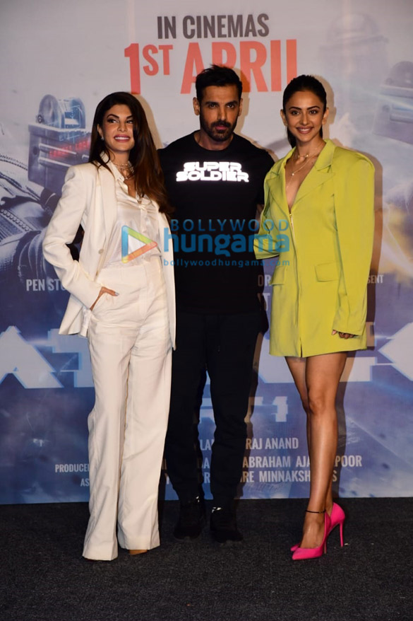 photos john abraham rakul preet singh and jacqueline fernandez strike a pose at the trailer launch of attack 1 3