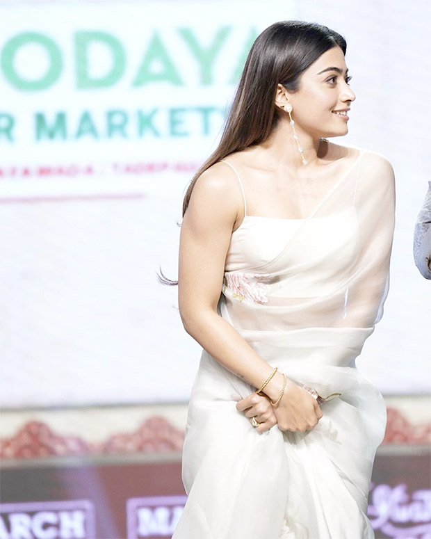 Rashmika Mandanna sparkles in a white sheer chiffon saree with a spaghetti strap blouse; pens a note for fans