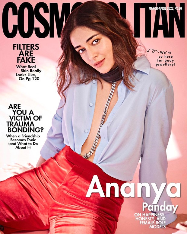 Ananya Panday looks smokin’ hot in unbuttoned shirt with choker body chain and red pants on the cover of Cosmopolitan India magazine