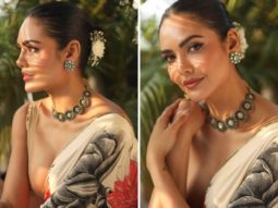 Esha Gupta looks scintillating in Rohit Bal’s floral saree and beige deep neck blouse
