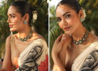 Esha Gupta looks scintillating in Rohit Bal’s floral saree and beige deep neck blouse