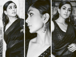 Mrunal Thakur gives major ‘desi girl’ vibes in black leather foliage silk saree with crystal embroidery border worth Rs. 82,000 for Jersey promotions