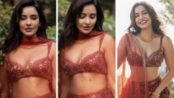 Neha Sharma’s contemporary cherry red floral printed lehenga set worth Rs. 39,200 is perfect for spring weddings