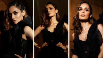 Prithviraj debutante Manushi Chillar is a classic bombshell in an all-black plunging neckline ruffled bodycon gown