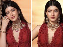 Shanaya Kapoor stuns in a Rs. 73,000 claret interlaced jacket and circle skirt for a jewellery ad