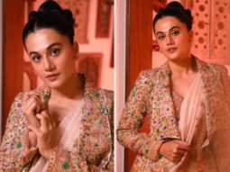 Taapsee Pannu oozes elegance in blush pink printed saree paired with long jacket