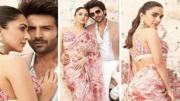 Bhool Bhulaiyaa 2: Kiara Advani stuns in floral chiffon saree worth Rs. 80,000; Kartik Aaryan in light pink jacket and ivory pants for promotions