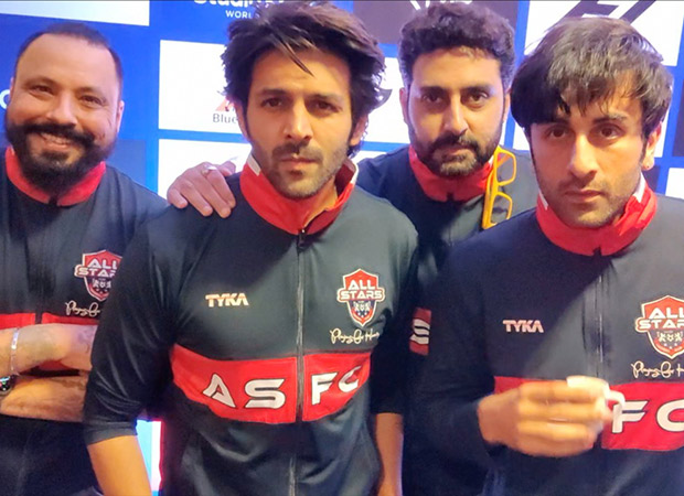 Ranbir Kapoor and Abhishek Bachchan pull Kartik Aaryan’s leg as he promotes Bhool Bhulaiyaa 2 at All Stars Football Club match in Dubai