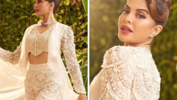 Jacqueline Fernandez is a vision to behold in ivory pearl drop embroidered jacket worth Rs.1,10,000 for Vikrant Rona trailer launch event
