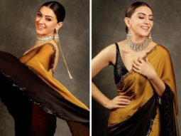 Hansika Motwani exudes royalty in stunning mustard black ombre saree worth Rs. 71,000 as she attends the audio launch of her film Maha