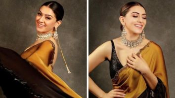 Hansika Motwani exudes royalty in stunning mustard black ombre saree worth Rs. 71,000 as she attends the audio launch of her film Maha