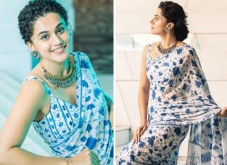 Taapsee Pannu is giving us major saree goals in blue georgette printed saree worth Rs. 9,800 for Shabaash Mithu promotions