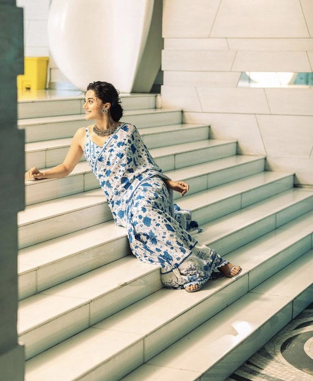 Taapsee Pannu is giving us major saree goals in blue georgette printed saree worth Rs. 9,800 for Shabash Mitthu promotions Taapsee Pannu is giving us major saree goals in blue georgette printed saree worth Rs. 9,800 for Shabash Mitthu promotions