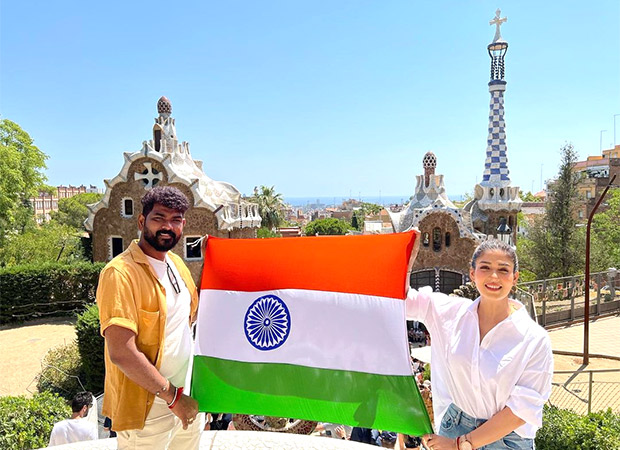 Nayanthara and husband Vignesh Shivan carry around the Indian tricolour on the streets of Spain on 75th Independence Day