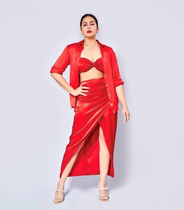 Huma Qureshi radiates hotness in a red skirt and bandeau top as she attends the press event for her movie Monica, Oh My Darling