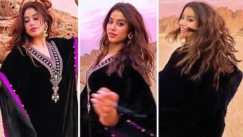 Janhvi Kapoor in Sureena Chowdhri’s black velvet Kaftan carries trend like a pro