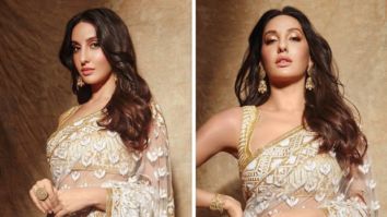 Nora Fatehi is a sight to behold in Manish Malhotra’s sheer floral ivory saree and sleeveless blouse