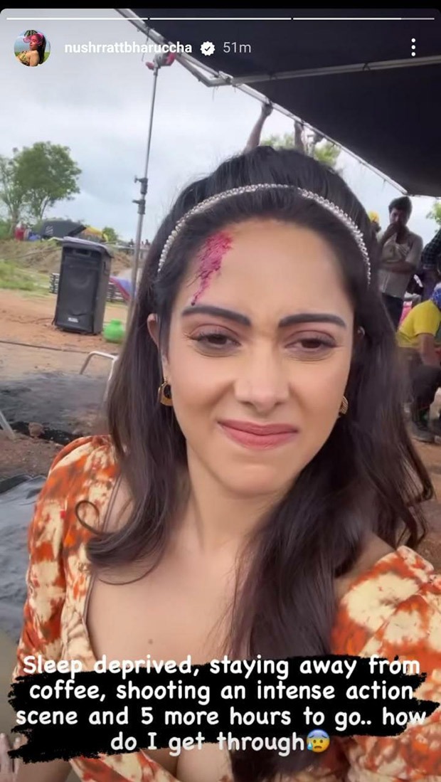 Nushrratt Bharuccha shares a sneak peak from sets as she shoots for an intense action scene, shares bloody look 