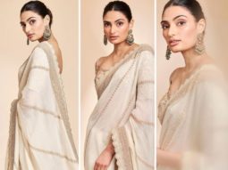Athiya Shetty goes all traditional in an ivory and golden saree by Anamika Khanna in latest photo-shoot