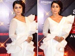 Hina Khan expresses her love for white in a white ruffled saree by Abu Jani Sandeep Khosla for Lokmat awards 2022