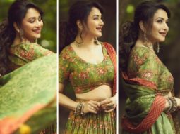 Madhuri Dixit is showcasing significant Navratri fashion cues in a vibrant lehenga and choli set