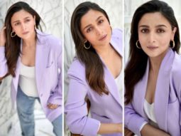 Mom-to-be Alia Bhatt looks cute in an ensemble of a purple blazer, jeans, and vibrant heels