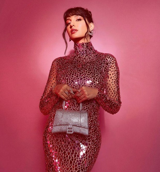 Nora Fatehi looks sizzling in a body-con Atelier Zuhra pink mirror mosaic gown
