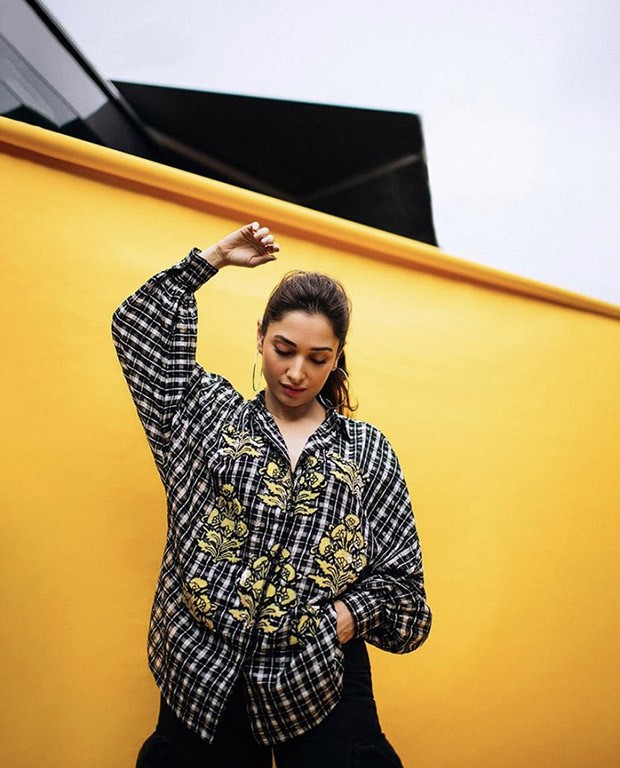 Tamannaah Bhatia aces street wear in a button-down shirt and wide pants for Babli Bouncer's promotions