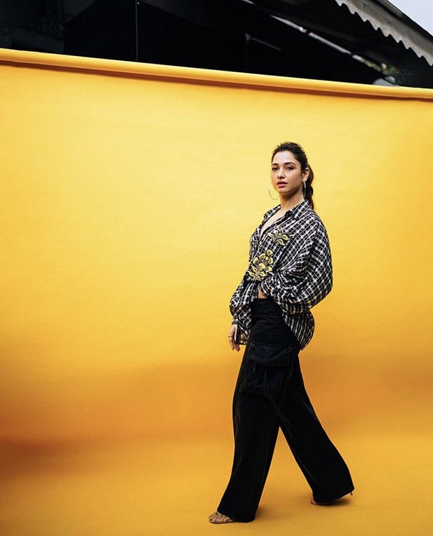 Tamannaah Bhatia aces street wear in a button-down shirt and wide pants for Babli Bouncer's promotions