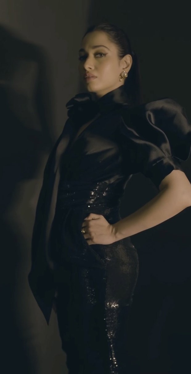 Tamannaah Bhatia raises glamour quotient in black pouf jumpsuit by Gauri & Nainika