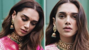 Aditi Rao Hydari is a sight to behold in Raw Mango’s pink saree teamed with a pink and golden blouse