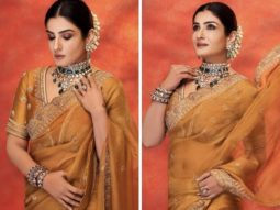 Raveena Tandon stuns in a ‘kesariya’ saree as she arrives at Anil Kapoor’s house for Karwa Chauth celebrations