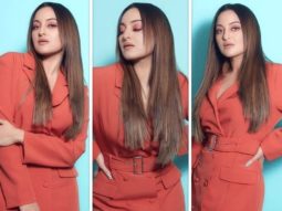 Sonakshi Sinha is a sight to behold in a short orange blazer dress and matching stilettoes