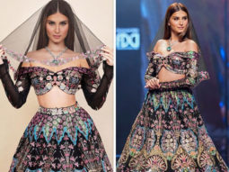 Tara Sutaria brings demure touch to Lakme Fashion Week in Aisha Rao’s festive embellished lehenga, off-shoulder choli and a veil