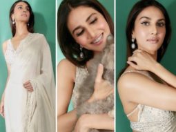 Vaani Kapoor looks enchanting in a dazzling ivory saree by Jade by MK at Kriti Sanon’s Diwali bash