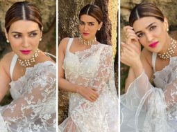 Kriti Sanon exudes elegance in a classy white saree adorned with lace and ruffles for the Bhediya promotions