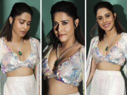 Nusshrrat Bharuccha channels her inner white swan in a sequin bralette and sharara suit