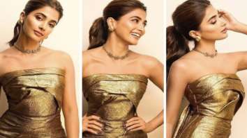 Pooja Hegde is all glitz and glam in this strapless golden gold gown