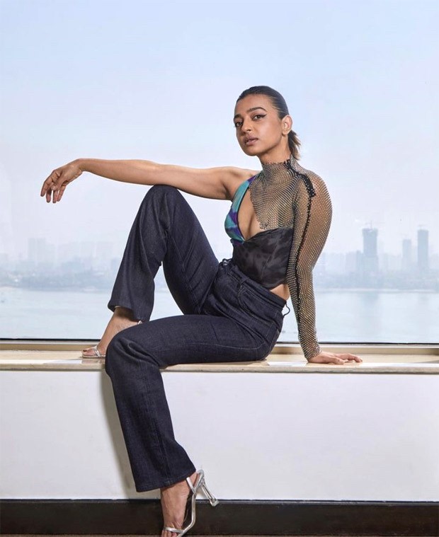Radhika Apte raises the fashion bar in a dual bodysuit and denim flared pants for Monica, O my darling promotions Radhika Apte raises the fashion bar in a dual bodysuit and denim flared pants for Monica, O my darling promotions