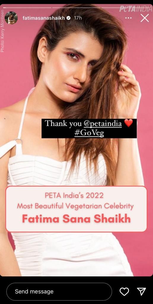 Fatima Sana Shaikh name as PETA's Most Beautiful Vegetarian