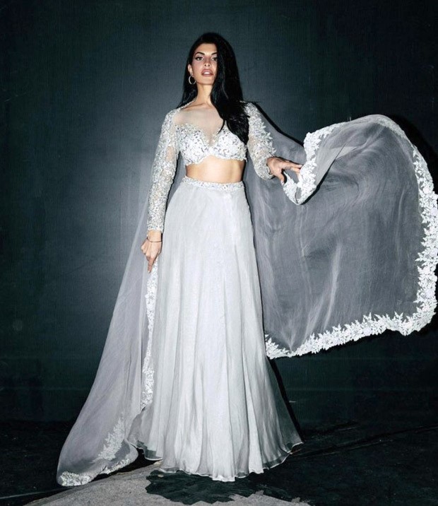 Jacqueline Fernandez is nothing less than a princess is in a pearl grey lehenga for Cirkus promotions
