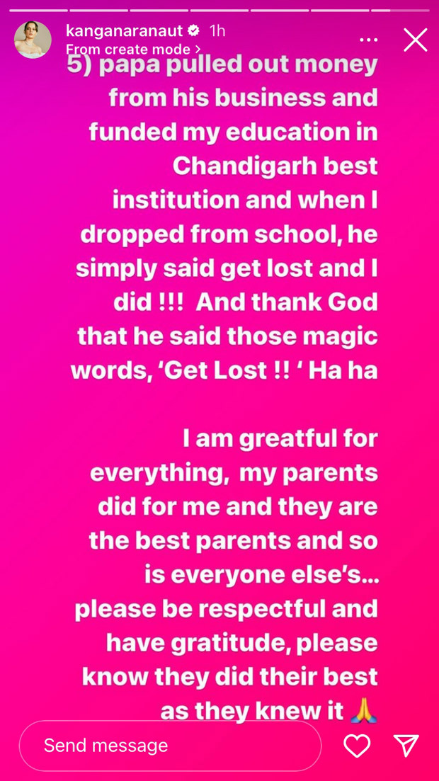 Kangana Ranaut says she is “grateful” her father asked her to “get lost” when she dropped out of school; know why