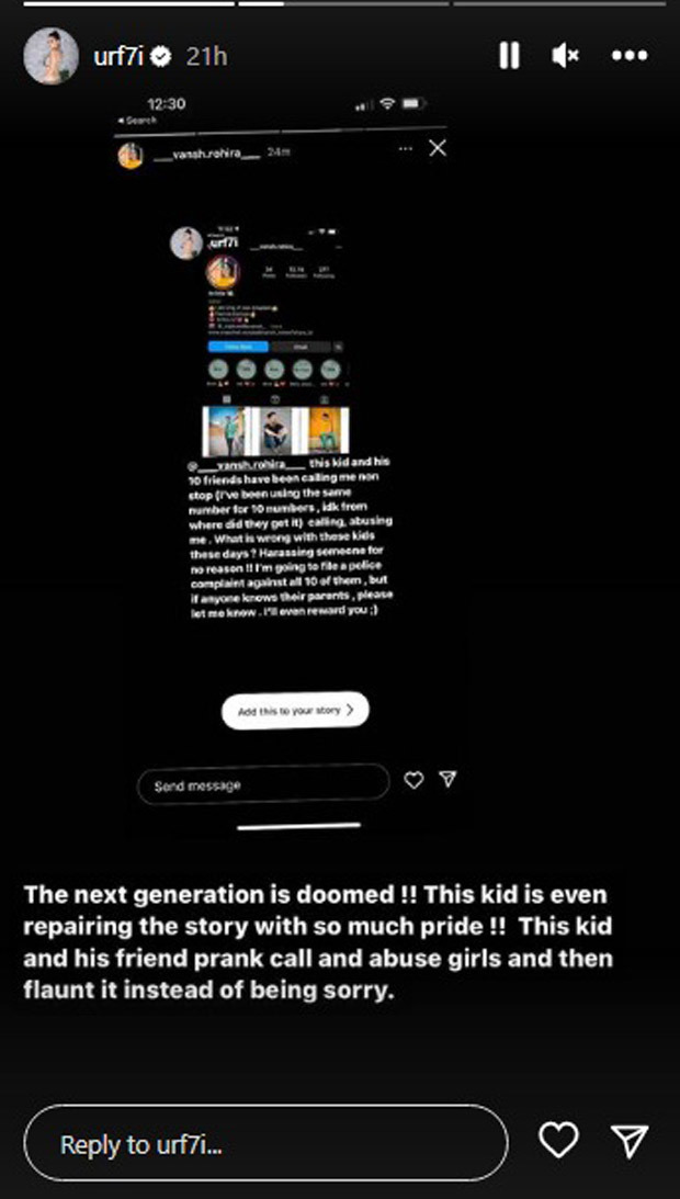 Uorfi Javed claims a group of teenagers are abusing and harassing her: ‘I am going to file a police complaint against the 10 of them’ Uorfi Javed claims a group of teenagers are abusing and harassing her: ‘I am going to file a police complaint against the 10 of them’